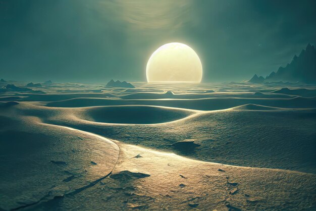 A desert scene with a moon in the background