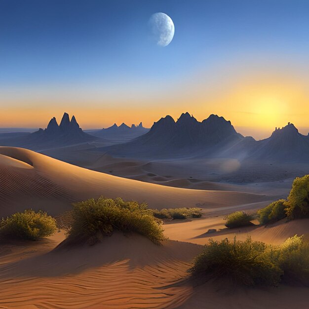 A desert scene with a moon and mountains in the background.