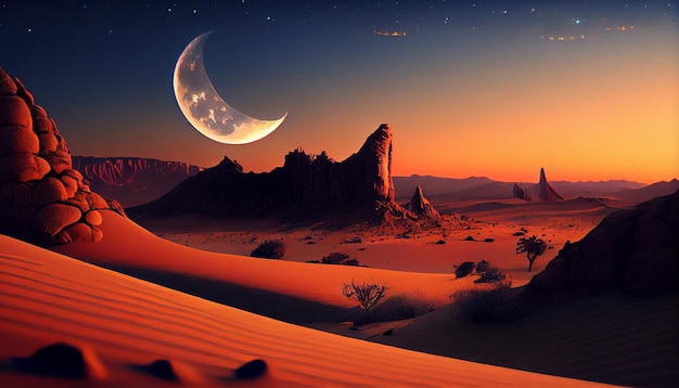 A desert scene with a moon and sand