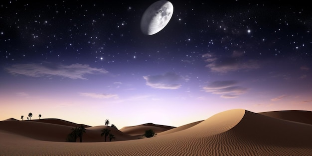 A desert scene with a moon in the sky