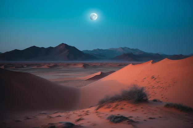 A desert scene with a moon in the sky