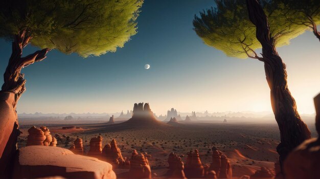 Foto una scena del deserto con una luna e un albero.