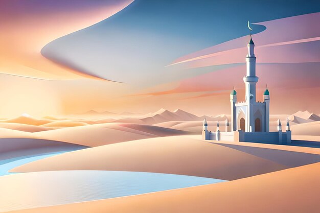 Photo a desert scene with a mosque in the foreground and a blue sky with the sun shining on it