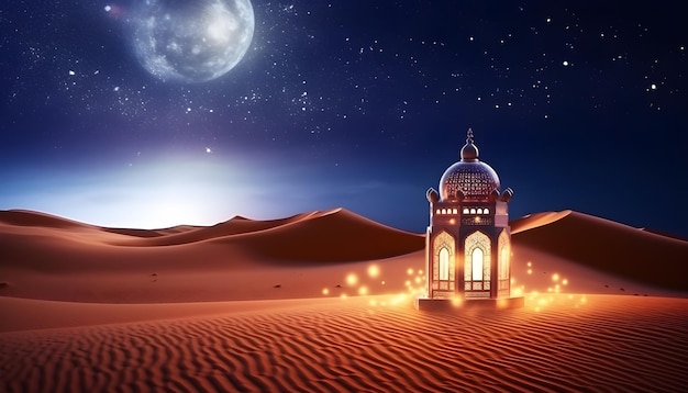 A desert scene with a mosque in the middle and the moon in the background.