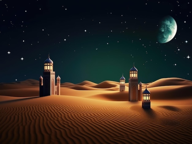 A desert scene with a mosque and a moon in the background