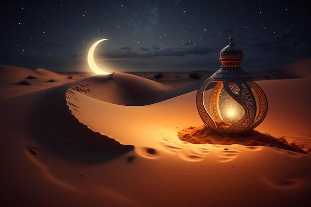 A desert scene with a mosque and a moon