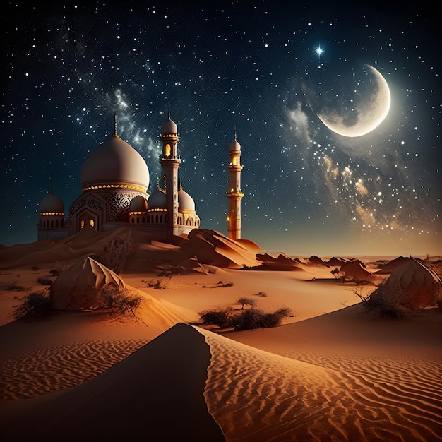 A desert scene with a mosque and the moon