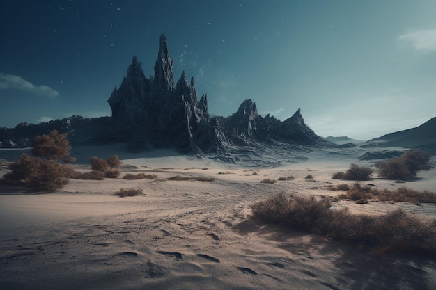 A desert scene with a mountain in the background.