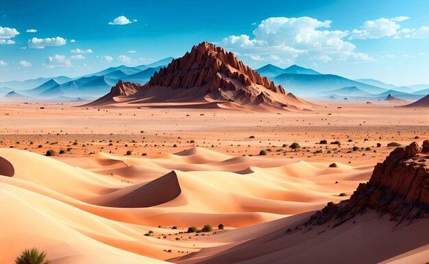 A desert scene with mountains in the background