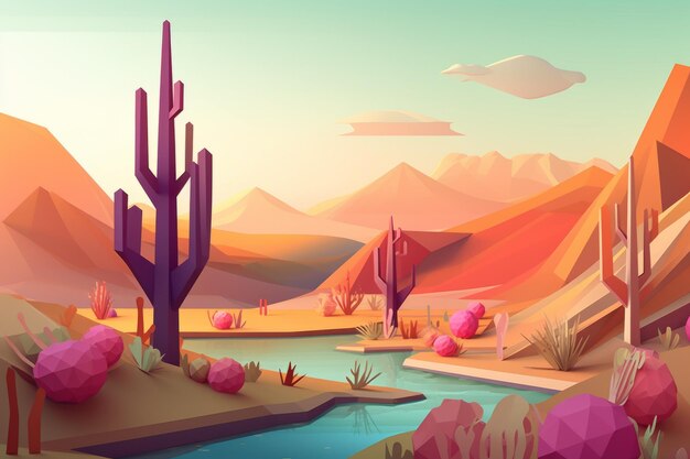 A desert scene with mountains and desert and a river.