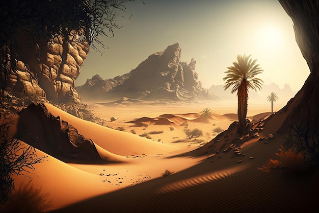 Photo a desert scene with a palm tree in the foreground.