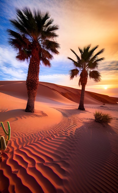 A desert scene with a palm tree and the word cactus on it