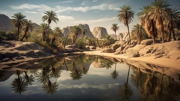 A desert scene with palm trees and mountains in the background.