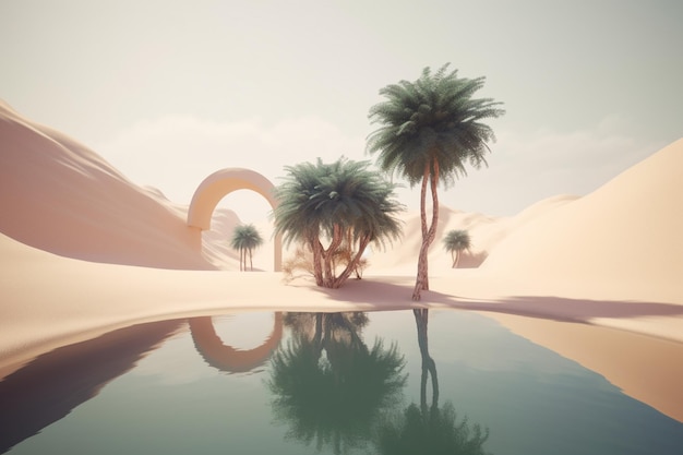 A desert scene with palm trees and a pool of water.