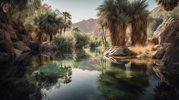 A desert scene with palm trees and water