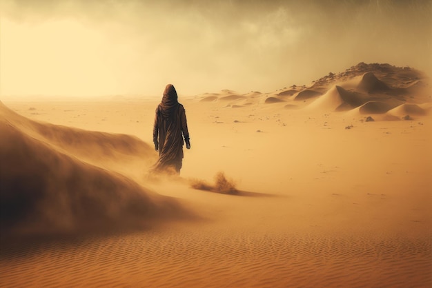 A desert scene with a person in a long dress and a long black robe stands in the desert.