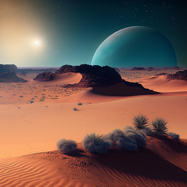 배경에 행성이 있는 사막 장면