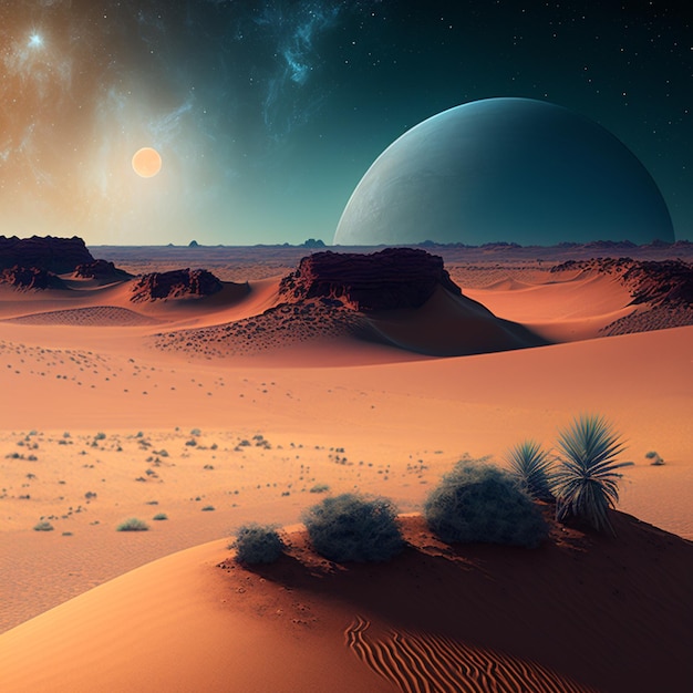 A desert scene with a planet in the background