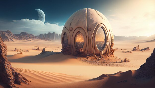 Сцена пустыни с планетой и куполом
