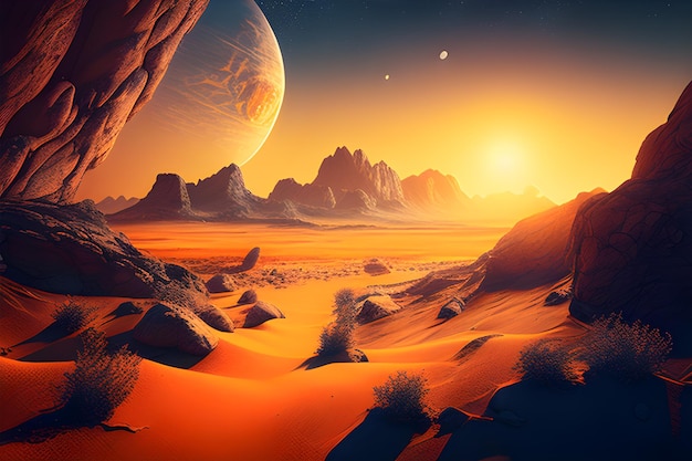 A desert scene with a planet and a planet