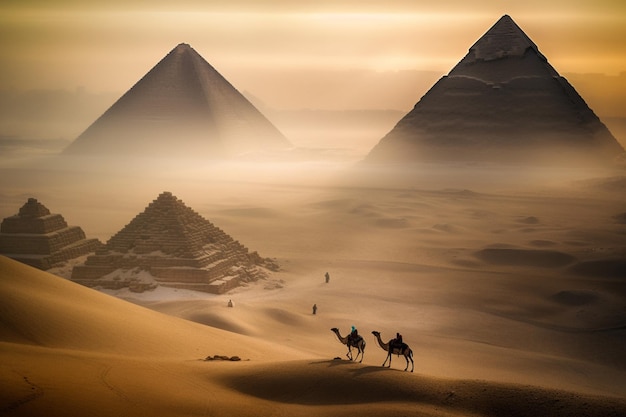 A desert scene with pyramids and camels in the foreground.