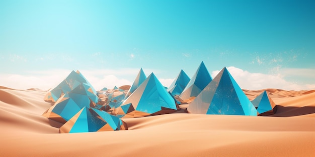 A desert scene with pyramids in the desert.