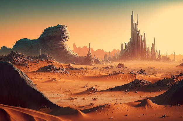 A desert scene with a red planet and a large rock formation.