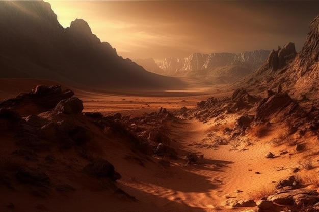 A desert scene with a red planet and mountains in the background.