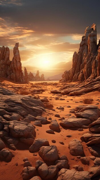 Foto una scena nel deserto con rocce e sabbia in primo piano