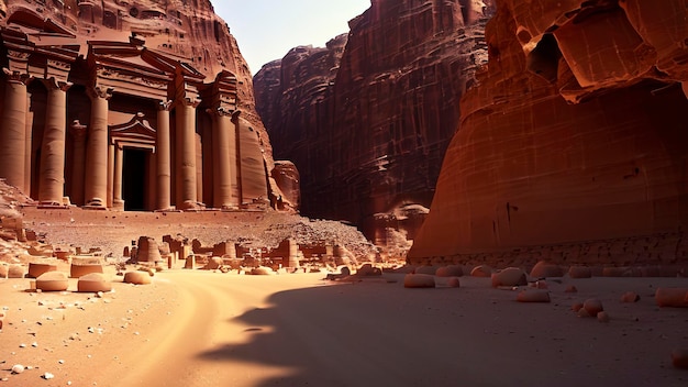 A desert scene with the ruins of the ancient city of petra in the background.