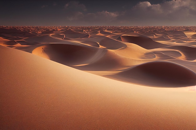 A desert scene with sand dunes and a dark sky