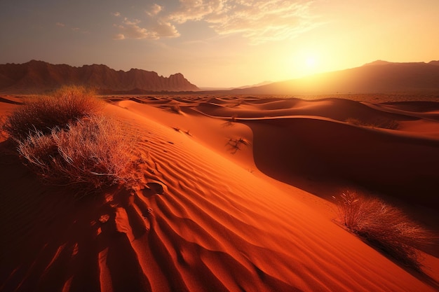 Photo a desert scene with a sunset in the background