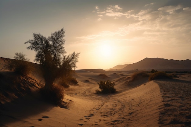 A desert scene with a sunset in the background