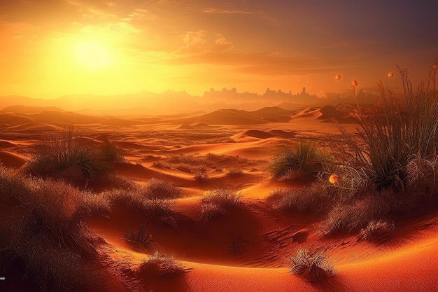 A desert scene with a sunset in the background