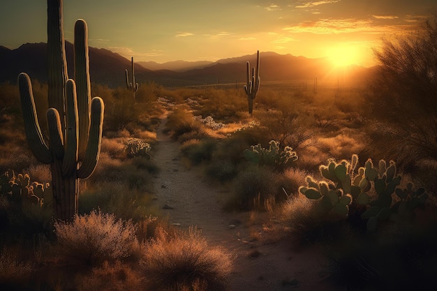 A desert scene with a sunset in the background