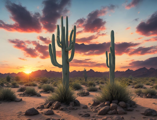 A desert scene with a sunset and cactus in the foreground.