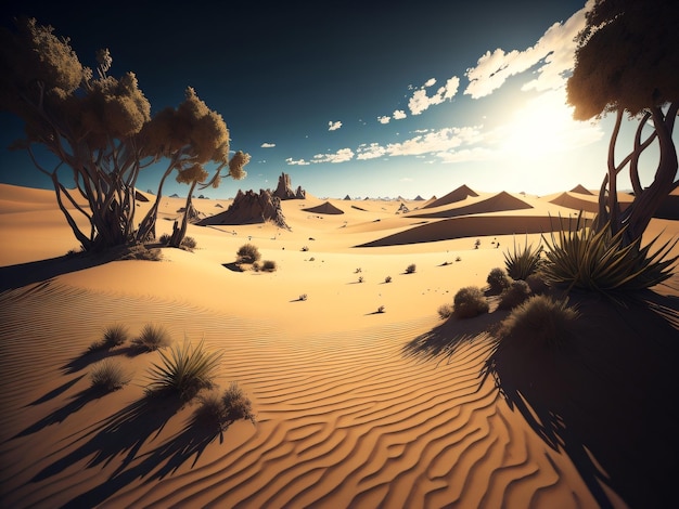 A desert scene with a sunset and the desert and the sun