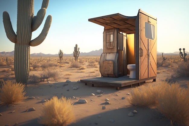 A desert scene with a toilet and a cactus on the right.