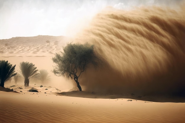 A desert scene with a tree blowing in the wind.