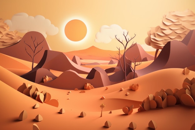 A desert scene with a tree and a sun