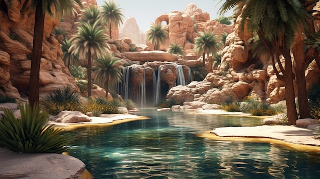 Сцена в пустыне с водопадом и пальмами