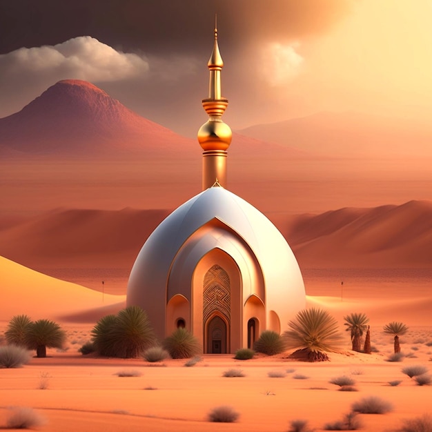 A desert scene with a white and gold dome with a gold top.