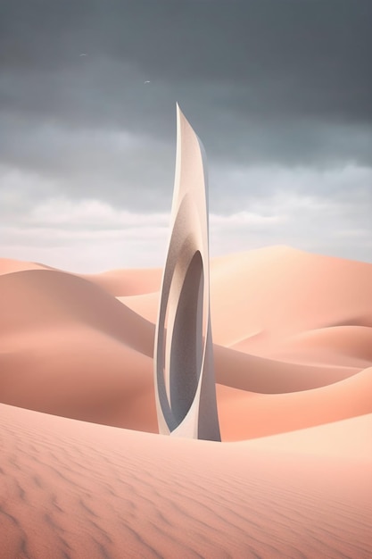 A desert scene with a white shaving sculpture in the middle of it.