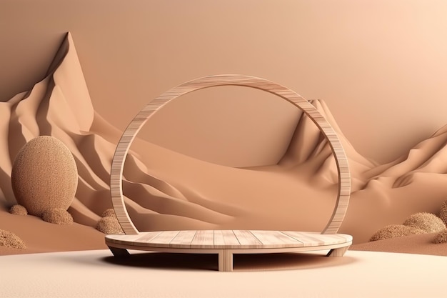 Desert scene with a wooden podium product presentation Generative AI