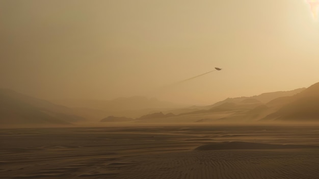 desert sky with alien flying object ufo in dune