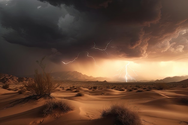 Буря в пустыне с драматическим небом и ударами молнии на заднем плане