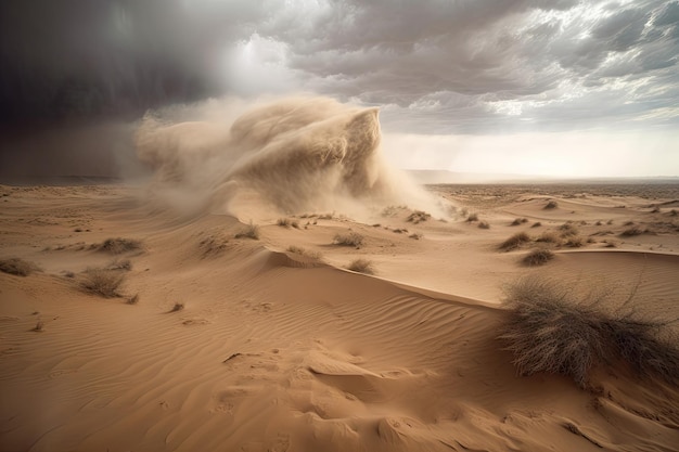 Буря в пустыне с песком и пылью, бьющими по пустынному ландшафту