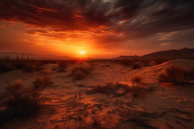 生成 AI で作成された、暖かい色調と燃えるような空を持つ砂漠の日の出