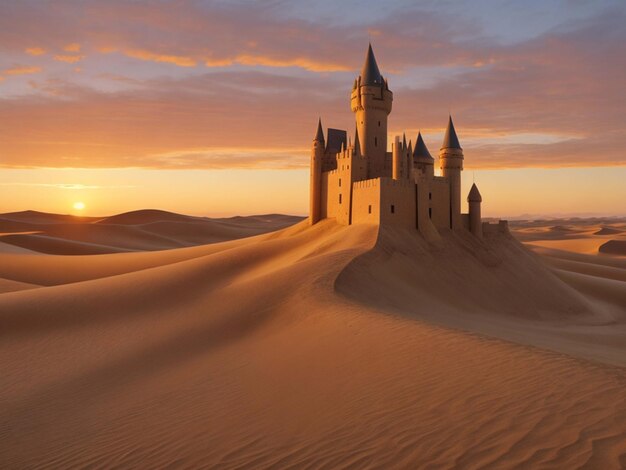 Desert Sunset Majesty Castle Amidst Rolling Sands