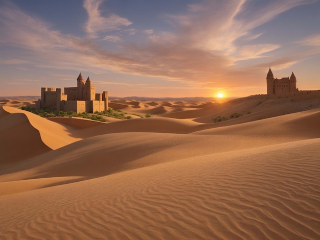 Desert Sunset Majesty Castle te midden van glooiend zand